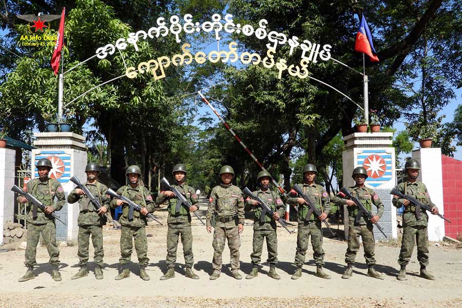 Arakan Army fighters are pictured after seizing a Kyauktaw military station under the military’s Western Command in February. (Photo: AA Info Desk)